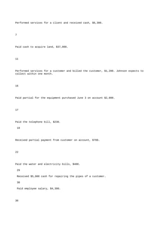 Performed services for a client and received cash, $6,300.
7
Paid cash to acquire land, $37,000.
11
Performed services for a customer and billed the customer, $1,200. Johnson expects to
collect within one month.
16
Paid partial for the equipment purchased June 3 on account $2,800.
17
Paid the telephone bill, $230.
18
Received partial payment from customer on account, $700.
22
Paid the water and electricity bills, $400.
29
Received $5,000 cash for repairing the pipes of a customer.
30
Paid employee salary, $4,300.
30
 