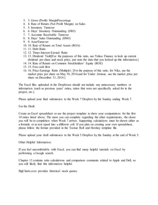 3. 3. Gross (Profit) MarginPercentage
4. 4. Rate of Return (Net Profit Margin) on Sales
5. 5. Inventory Turnover
6. 6. Days’ Inventory Outstanding (DIO)
7. 7. Accounts Receivable Turnover
8. 8. Days’ Sales Outstanding (DSO)
9. 9. AssetTurnover
10. 10. Rate of Return on Total Assets (ROA)
11. 11. Debt Ratio
12. 12. Times-Interest-Earned Ratio
13. 13. Dividend Yield[For the purposes of this ratio, use Yahoo Finance to look up current
dividend per share and stock price; just note the date that you looked up this information.]
14. 14. Rate of Return on Common Stockholders’ Equity (ROE)
15. 15. Free cash flow
16. 16. Price-Earnings Ratio (Multiple) [For the purpose of this ratio, for Nike, use the
market price per share on May 30, 2014,and for Under Armour, use the market price per
share on December 31, 2014.]
The Excel files uploaded in the Dropboxes should not include any unnecessary numbers or
information (such as previous years’ ratios, ratios that were not specifically asked for in the
project, etc.).
Please upload your final submission to the Week 7 Dropbox by the Sunday ending Week 7.
For the Draft:
Create an Excel spreadsheet or use the project template to show your computations for the first
10 ratios listed above. The more you can complete regarding the other requirements, the closer
you will be to completion when Week 7 arrives. Supporting calculations must be shown either as
a formula or as text typed into a different cell. If you plan on creating your own spreadsheet,
please follow the format provided in the Tootsie Roll and Hershey template file.
Please upload your draft submission to the Week 5 Dropbox by the Sunday at the end of Week 5.
Other Helpful Information:
If you feel uncomfortable with Excel, you can find many helpful tutorials on Excel by
performing a Google search.
Chapter 13 contains ratio calculations and comparison comments related to Apple and Dell, so
you will likely find this information helpful.
BigCharts.com provides historical stock quotes.
 