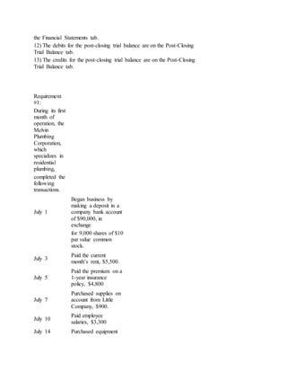 the Financial Statements tab.
12) The debits for the post-closing trial balance are on the Post-Closing
Trial Balance tab.
13) The credits for the post-closing trial balance are on the Post-Closing
Trial Balance tab.
Requirement
#1:
During its first
month of
operation, the
Melvin
Plumbing
Corporation,
which
specializes in
residential
plumbing,
completed the
following
transactions.
July 1
Began business by
making a deposit in a
company bank account
of $90,000, in
exchange
for 9,000 shares of $10
par value common
stock.
July 3
Paid the current
month’s rent, $5,500.
July 5
Paid the premium on a
1-year insurance
policy, $4,800
July 7
Purchased supplies on
account from Little
Company, $900.
July 10
Paid employee
salaries, $3,300
July 14 Purchased equipment
 