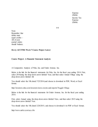 Expense
(Debit)
Income Tax
Expense
(Debit)
0 0
Note:
Remember that
debits must
equal credits—
All of your
journal entries
should balance.
Devry ACCT504 Week 7 Course Project Latest
Course Project: A Financial Statement Analysis
A Comparative Analysis of Nike, Inc. and Under Armour, Inc.
Below is the link for the financial statements for Nike, Inc. for the fiscal year ending 2014. First,
select 2014using the drop-down arrow labeled Year, and then select Annual Filings using the
drop-down arrow labeled All.
You should select the 10k dated 7/25/2014,and choose to download in PDF, Word, or Excel
format.
http://investors.nike.com/investors/news-events-and-reports/?toggle=filings
Below is the link for the financial statements for Under Armour, Inc. for the fiscal year ending
2014.
First, select Annual using the drop-down arrow labeled View, and then select 2015 using the
drop-down arrow labeled Year.
You should select the 10k dated 2/20/2015, and choose to download it in PDF or Excel format.
http://www.uabiz.com/sec.cfm
 