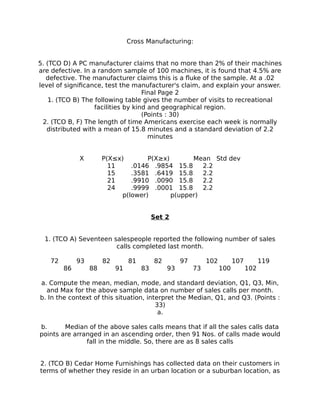 Cross Manufacturing:
5. (TCO D) A PC manufacturer claims that no more than 2% of their machines
are defective. In a random sample of 100 machines, it is found that 4.5% are
defective. The manufacturer claims this is a fluke of the sample. At a .02
level of significance, test the manufacturer's claim, and explain your answer.
Final Page 2
1. (TCO B) The following table gives the number of visits to recreational
facilities by kind and geographical region.
(Points : 30)
2. (TCO B, F) The length of time Americans exercise each week is normally
distributed with a mean of 15.8 minutes and a standard deviation of 2.2
minutes
X P(X≤x) P(X≥x) Mean Std dev
11 .0146 .9854 15.8 2.2
15 .3581 .6419 15.8 2.2
21 .9910 .0090 15.8 2.2
24 .9999 .0001 15.8 2.2
p(lower) p(upper)
Set 2
1. (TCO A) Seventeen salespeople reported the following number of sales
calls completed last month.
72 93 82 81 82 97 102 107 119
86 88 91 83 93 73 100 102
a. Compute the mean, median, mode, and standard deviation, Q1, Q3, Min,
and Max for the above sample data on number of sales calls per month.
b. In the context of this situation, interpret the Median, Q1, and Q3. (Points :
33)
a.
b. Median of the above sales calls means that if all the sales calls data
points are arranged in an ascending order, then 91 Nos. of calls made would
fall in the middle. So, there are as 8 sales calls
2. (TCO B) Cedar Home Furnishings has collected data on their customers in
terms of whether they reside in an urban location or a suburban location, as
 