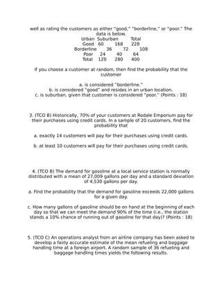 well as rating the customers as either “good,” “borderline,” or “poor.” The
data is below.
Urban Suburban Total
Good 60 168 228
Borderline 36 72 108
Poor 24 40 64
Total 120 280 400
If you choose a customer at random, then find the probability that the
customer
a. is considered “borderline.”
b. is considered “good” and resides in an urban location.
c. is suburban, given that customer is considered “poor.” (Points : 18)
3. (TCO B) Historically, 70% of your customers at Rodale Emporium pay for
their purchases using credit cards. In a sample of 20 customers, find the
probability that
a. exactly 14 customers will pay for their purchases using credit cards.
b. at least 10 customers will pay for their purchases using credit cards.
4. (TCO B) The demand for gasoline at a local service station is normally
distributed with a mean of 27,009 gallons per day and a standard deviation
of 4,530 gallons per day.
a. Find the probability that the demand for gasoline exceeds 22,000 gallons
for a given day.
c. How many gallons of gasoline should be on hand at the beginning of each
day so that we can meet the demand 90% of the time (i.e., the station
stands a 10% chance of running out of gasoline for that day)? (Points : 18)
5. (TCO C) An operations analyst from an airline company has been asked to
develop a fairly accurate estimate of the mean refueling and baggage
handling time at a foreign airport. A random sample of 36 refueling and
baggage handling times yields the following results.
 