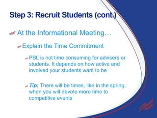 Step 3: Recruit Students (cont.)
At the Informational Meeting…
Explain the Time Commitment
PBL is not time consuming for advisers or
students. It depends on how active and
involved your students want to be
Tip: There will be times, like in the spring,
when you will devote more time to
competitive events
14

 
