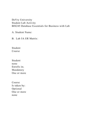 DeVry University
Student Lab Activity
BIS245 Database Essentials for Business with Lab
A. Student Name:
B. Lab 5A ER Matrix:
Student
Course
Student
none
Enrolls in;
Mandatory
One or more
Course
Is taken by:
Optional
One or more
none
 
