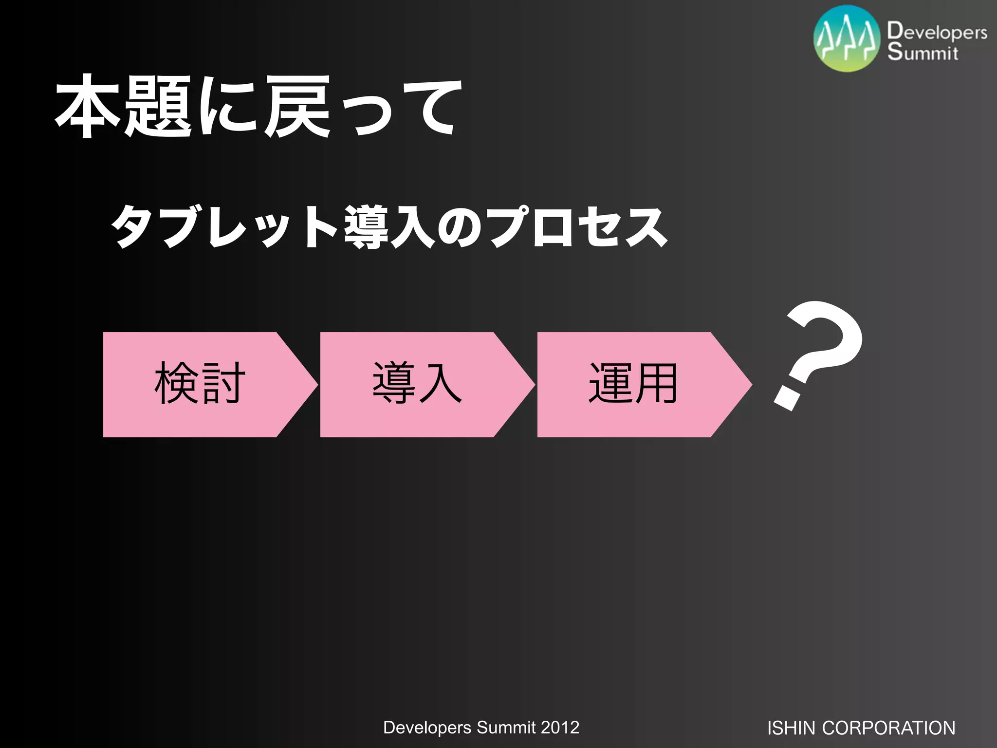 本題に戻って
タブレット導入のプロセス


 検討   導入                       運用
                                    ？

      Developers Summit 2012        ISHIN CORPORATION
 