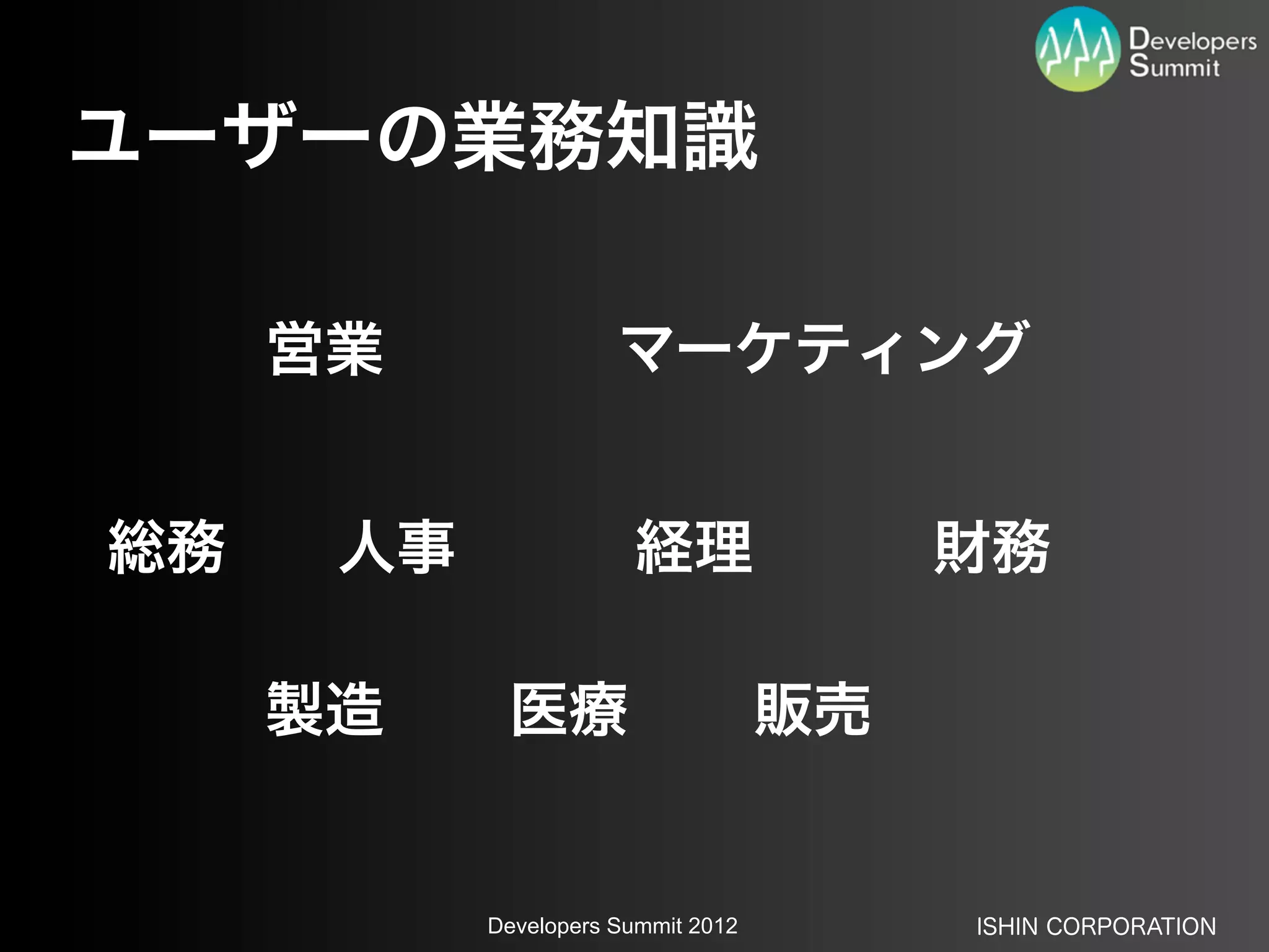 ユーザーの業務知識

     営業               マーケティング


総務    人事               経理                財務

     製造     医療                      販売


           Developers Summit 2012        ISHIN CORPORATION
 