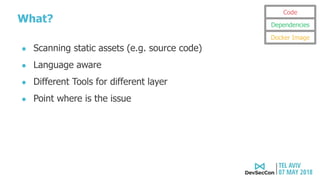 What?
● Scanning static assets (e.g. source code)
● Language aware
● Different Tools for different layer
● Point where is the issue
Code
Dependencies
Docker Image
 