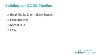 Building our CI/CD Pipeline
❑ Break the build or it didn’t happen
❑ False positives
❑ Keep it DRY
❑ Easy
 