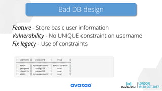 Bad DB design
Feature - Store basic user information
Vulnerability - No UNIQUE constraint on username
Fix legacy - Use of constraints
Bad DB design
 