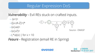 Vulnerability - Evil REs stuck on crafted inputs.
– (a+)+
–([a-zA-Z]+)*
–(a|aa)+
–(a|a?)+
–(.*a){x} | for x > 10
Feaure - Registration (email RE in Spring)
Source - OWASP
Regular Expression DoS
 