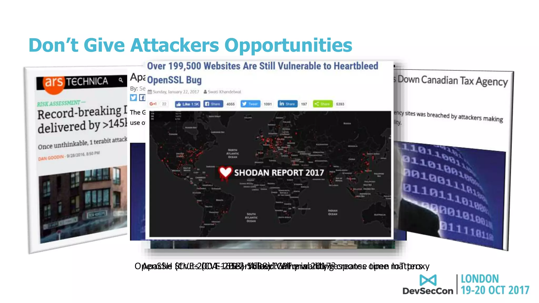 Heartbleed: Why in 2017?
Don’t Give Attackers Opportunities
OpenSSH (CVE-2004-1653): AllowTCPForwarding creates open IoT proxyApache Struts (CVE-2017-5638): Vulnerability response time matters
 