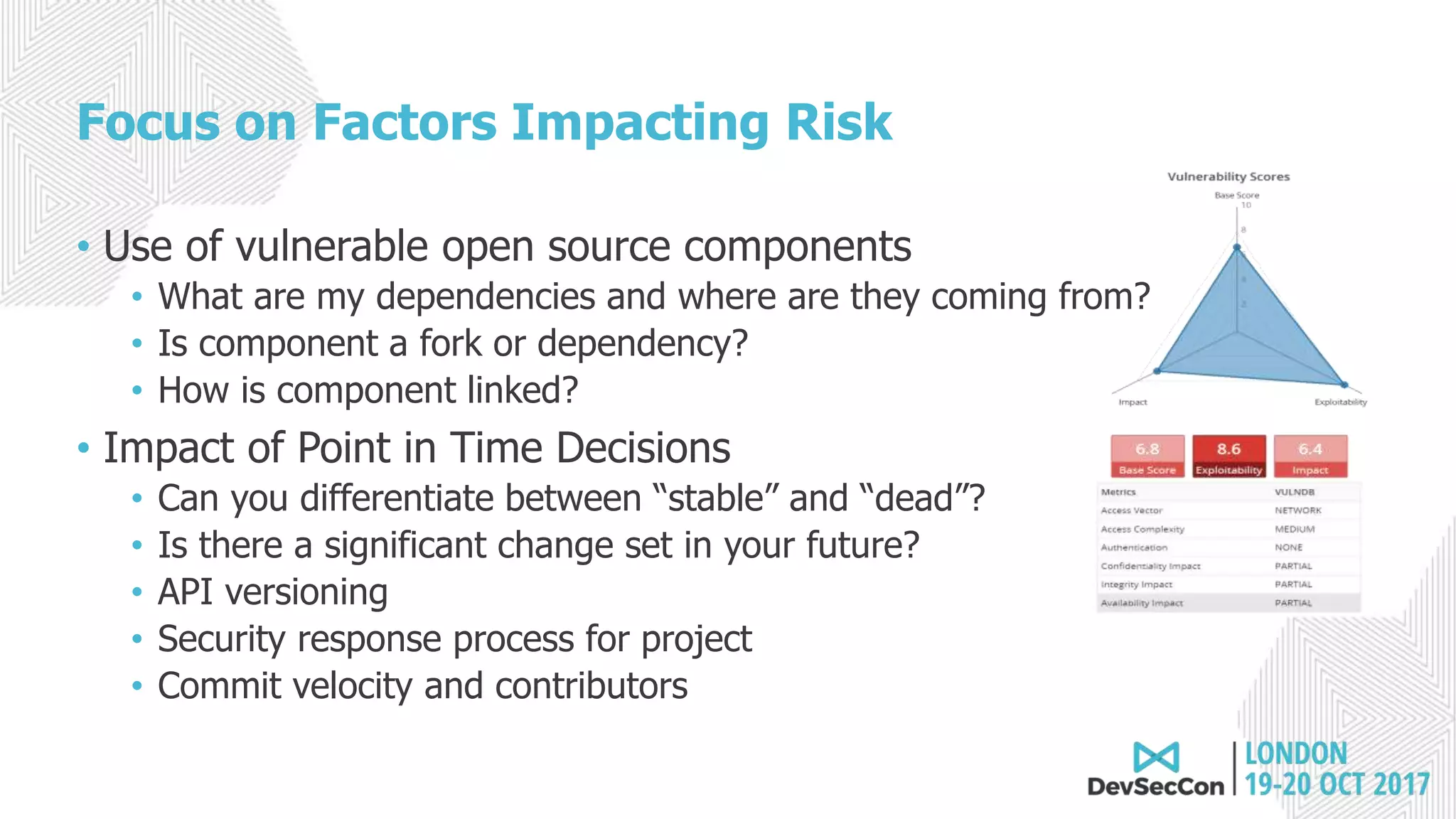 Focus on Factors Impacting Risk
• Use of vulnerable open source components
• What are my dependencies and where are they coming from?
• Is component a fork or dependency?
• How is component linked?
• Impact of Point in Time Decisions
• Can you differentiate between “stable” and “dead”?
• Is there a significant change set in your future?
• API versioning
• Security response process for project
• Commit velocity and contributors
 