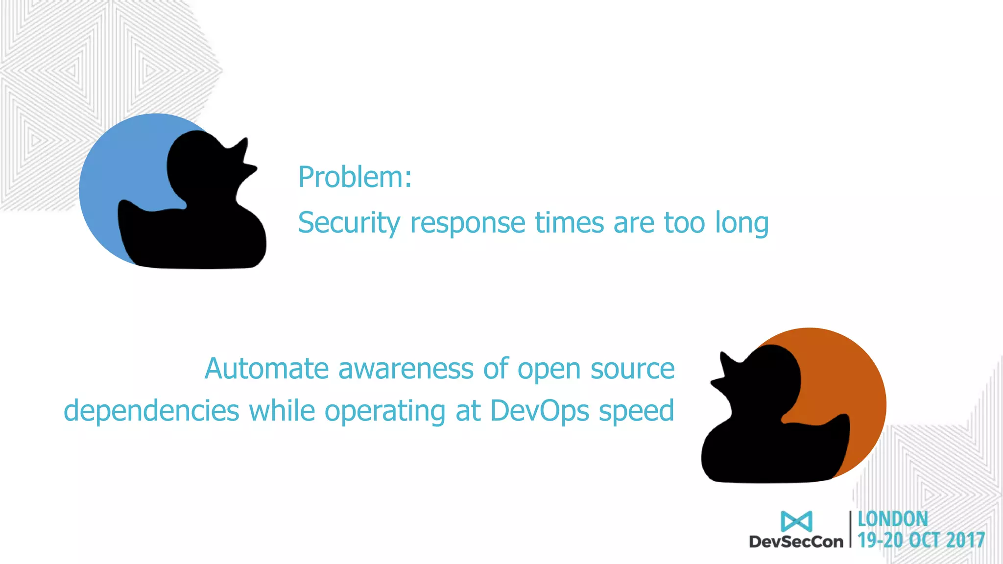 Problem:
Security response times are too long
Automate awareness of open source
dependencies while operating at DevOps speed
 