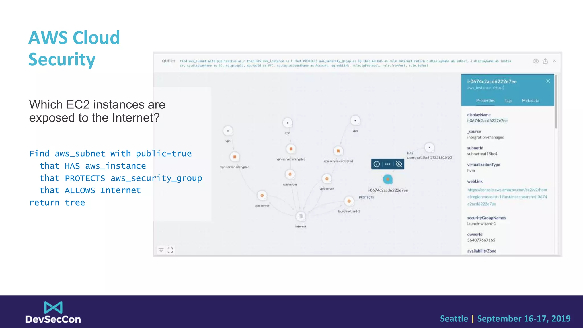 Seattle | September 16-17, 2019
AWS Cloud
Security
Which EC2 instances are
exposed to the Internet?
Find aws_subnet with public=true
that HAS aws_instance
that PROTECTS aws_security_group
that ALLOWS Internet
return tree
 
