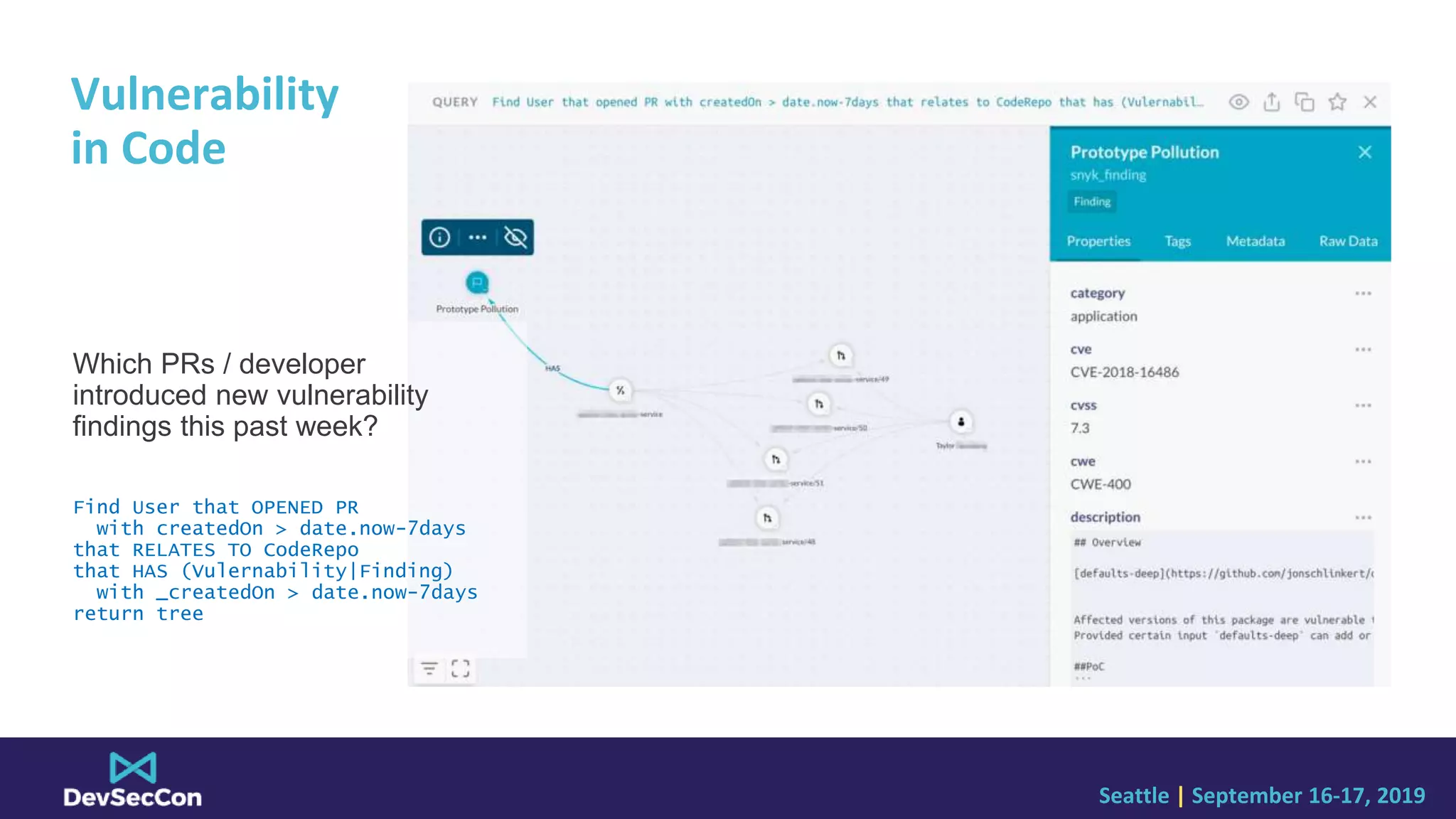 Seattle | September 16-17, 2019
Vulnerability
in Code
Which PRs / developer
introduced new vulnerability
findings this past week?
Find User that OPENED PR
with createdOn > date.now-7days
that RELATES TO CodeRepo
that HAS (Vulernability|Finding)
with _createdOn > date.now-7days
return tree
 