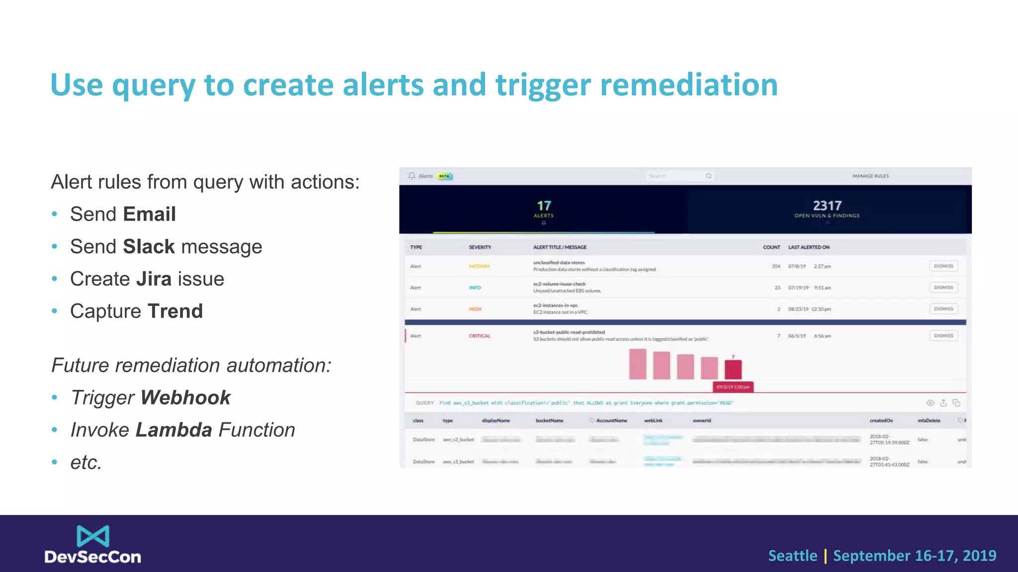 Seattle | September 16-17, 2019
Use query to create alerts and trigger remediation
Alert rules from query with actions:
• Send Email
• Send Slack message
• Create Jira issue
• Capture Trend
Future remediation automation:
• Trigger Webhook
• Invoke Lambda Function
• etc.
 