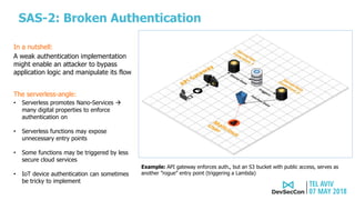 SAS-2: Broken Authentication
The serverless-angle:
• Serverless promotes Nano-Services 
many digital properties to enforce
authentication on
• Serverless functions may expose
unnecessary entry points
• Some functions may be triggered by less
secure cloud services
• IoT device authentication can sometimes
be tricky to implement
A weak authentication implementation
might enable an attacker to bypass
application logic and manipulate its flow
In a nutshell:
Example: API gateway enforces auth., but an S3 bucket with public access, serves as
another ”rogue” entry point (triggering a Lambda)
 