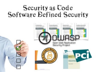 Security as Code
Software Defined Security
ASVS 2014 Web Application Standard!
17!
!
V2: Authentication
Verification Requirements
The table below defines the corresponding verification requirements that apply for each of the verification
levels. Verification requirements for Level 0 are not defined by this standard.
AUTHENTICATION
VERIFICATION REQUIREMENT
LEVELS
1 2 3
V2.1
Verify all pages and resources require authentication except those
specifically intended to be public (Principle of complete mediation).
V2.2
Verify all password fields do not echo the user’s password when it is entered.
V2.4
Verify all authentication controls are enforced on the server side.
V2.5
Verify all authentication controls (including libraries that call external
authentication services) have a centralized implementation.
V2.6
Verify all authentication controls fail securely to ensure attackers cannot log
in.
V2.7
Verify password entry fields allow or encourage the use of passphrases, and
do not prevent long passphrases or highly complex passwords being
entered, and provide a sufficient minimum strength to protect against the
use of commonly chosen passwords.
V2.8
Verify all account identity authentication functions (such as registration,
update profile, forgot username, forgot password, disabled / lost token, help
desk or IVR) that might regain access to the account are at least as resistant
to attack as the primary authentication mechanism.
V2.9
Verify users can safely change their credentials using a mechanism that is at
least as resistant to attack as the primary authentication mechanism.
V2.12
Verify that all authentication decisions are logged. This should include
requests with missing required information, needed for security
investigations.
V2.13
Verify that account passwords are salted using a salt that is unique to that
account (e.g., internal user ID, account creation) and use bcrypt, scrypt or
PBKDF2 before storing the password.
ASVS 2014 Web Application Standard!
23!
!
V5: Malicious Input Handling
Verification Requirements
The table below defines the corresponding verification requirements that apply for each of the verification
levels. Verification requirements for Level 0 are not defined by this standard.
INPUT VALIDATION
VERIFICATION REQUIREMENT
LEVELS
1 2 3
V5.1
Verify that the runtime environment is not susceptible to buffer overflows, or
that security controls prevent buffer overflows.
V5.3 Verify that all input validation failures result in input rejection.
V5.4 Verify that a character set, such as UTF-8, is specified for all sources of input.
V5.5
Verify that all input validation or encoding routines are performed and
enforced on the server side.
V5.6
Verify that a single input validation control is used by the application for
each type of data that is accepted.
V5.7 Verify that all input validation failures are logged.
V5.8
Verify that all input data is canonicalized for all downstream decoders or
interpreters prior to validation.
V5.10
Verify that the runtime environment is not susceptible to SQL Injection, or
that security controls prevent SQL Injection.
V5.11
Verify that the runtime environment is not susceptible to LDAP Injection, or
that security controls prevent LDAP Injection.
V5.12
Verify that the runtime environment is not susceptible to OS Command
Injection, or that security controls prevent OS Command Injection.
V5.13
Verify that the runtime environment is not susceptible to XML External Entity
attacks or that security controls prevents XML External Entity attacks.
ASVS 2014 Web Application Standard!
19!
!
V3: Session Management
Verification Requirements
The table below defines the corresponding verification requirements that apply for each of the verification
levels. Verification requirements for Level 0 are not defined by this standard.
SESSION MANAGEMENT
VERIFICATION REQUIREMENT
LEVELS
1 2 3
V3.1
Verify that the framework’s default session management control
implementation is used by the application.
V3.2 Verify that sessions are invalidated when the user logs out.
V3.3 Verify that sessions timeout after a specified period of inactivity.
V3.4
Verify that sessions timeout after an administratively-configurable maximum
time period regardless of activity (an absolute timeout).
V3.5
Verify that all pages that require authentication to access them have logout
links.
V3.6
Verify that the session id is never disclosed other than in cookie headers;
particularly in URLs, error messages, or logs. This includes verifying that the
application does not support URL rewriting of session cookies.
V3.7 Verify that the session id is changed on login to prevent session fixation.
V3.8 Verify that the session id is changed upon re-authentication.
V3.10
Verify that only session ids generated by the application framework are
recognized as valid by the application.
V3.11
Verify that authenticated session tokens are sufficiently long and random to
withstand session guessing attacks.
V3.12
Verify that authenticated session tokens using cookies have their path set to
an appropriately restrictive value for that site. The domain cookie attribute
ASVS 2014 Web Application Standard!
21!
!
V4: Access Control
Verification Requirements
The table below defines the corresponding verification requirements that apply for each of the verification
levels. Verification requirements for Level 0 are not defined by this standard.
ACCESS CONTROL
VERIFICATION REQUIREMENT
LEVELS
1 2 3
V4.1
Verify that users can only access secured functions or services for which they
possess specific authorization.
V4.2
Verify that users can only access secured URLs for which they possess specific
authorization.
V4.3
Verify that users can only access secured data files for which they possess
specific authorization.
V4.4
Verify that direct object references are protected, such that only authorized
objects or data are accessible to each user (for example, protect against
direct object reference tampering).
V4.5 Verify that directory browsing is disabled unless deliberately desired.
V4.8 Verify that access controls fail securely.
V4.9
Verify that the same access control rules implied by the presentation layer
are enforced on the server side for that user role, such that controls and
parameters cannot be re-enabled or re-added from higher privilege users.
V4.10
Verify that all user and data attributes and policy information used by access
controls cannot be manipulated by end users unless specifically authorized.
V4.11 Verify that all access controls are enforced on the server side.
V4.12
Verify that there is a centralized mechanism (including libraries that call
external authorization services) for protecting access to each type of
protected resource.
http://benchmarks.cisecurity.org
CIS Amazon Linux 2014.09-2015.03
Benchmarkv1.1.0 - 07-06-2015
 
Information Supplement:
Requirement 6.6 Code Reviews
and Application Firewalls Clarified
Release date: 2008-04-15
 
Standard: Data Security Standard (DSS)
Requirement: 6.6
Date: February 2008
 
