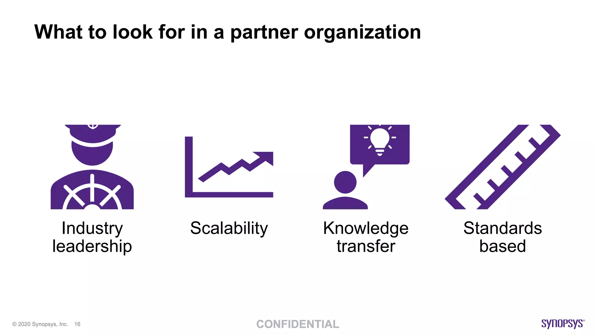 © 2020 Synopsys, Inc. 16
What to look for in a partner organization
Industry
leadership
Scalability Knowledge
transfer
Standards
based
 