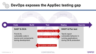 © 2020 Synopsys, Inc. 9
DevOps exposes the AppSec testing gap
SAST & SCA
Find & fix
vulnerable code in
source and components
during development
DAST & Pen test
Test & report
vulnerable behavior in
running applications
during QA & production
TestCode OperateBuild Deploy
No runtime verification
Limited guidance for dev
Weak CI/CD integration
 