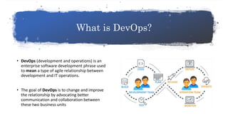 What is DevOps?
• DevOps (development and operations) is an
enterprise software development phrase used
to mean a type of ...