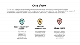 Due to lack of
collaboration
between the
development,
security, and
operations teams.
lack of integration
resulted in a high
number of security
vulnerabilities in
the applications
significant amount
of money was spent
on fixing security
vulnerabilities and
responding to
cyber attacks
Case Study
Slow development
process
Security
vulnerabilities High costs
XYZ Inc. is a software development company that specializes in creating custom applications for
businesses in the finance industry. The company has been in operation for over 10 years and has a team of
30 developers, 5 security experts, and 10 operations specialists. Challenges they faced were,
 