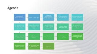 Agenda
1. Introduction to
DevOps vs DevSecOps:
2. SDLC vs Secure SDLC:
3. Roles and
Responsibilities of
DevSecOps Engineers in
Enterprise Environment:
4. Threat Modeling in
Design/Plan Stages:
5. Lab Setup with Jenkins,
Docker, Github, GIt
6. Static Application
Security Testing (SAST)
and its Tools:
7. Software Composition
Analysis (SCA) and its
Tools:
8. Dynamic Application
Security Testing (DAST)
and its Tools:
9. Container Security
Basics and its Tools:
10. Infrastructure as
Code (IaC) Basics and its
Tools:
11. Understanding CWE,
CVE, and CVSS:
12. False Positive
Analysis:
Report Security Vulns in
JIRA
Two IDE plugins along
with Tools demo
13. Walkthrough from
Developers and Scoping
Call:
14. Interview Questions
and Mock Interview:
15. How to Find a Job in
Cybersecurity
Thank YOU
 