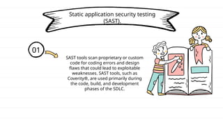 Static application security testing
(SAST).
01
SAST tools scan proprietary or custom
code for coding errors and design
flaws that could lead to exploitable
weaknesses. SAST tools, such as
Coverity®, are used primarily during
the code, build, and development
phases of the SDLC.
 