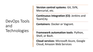 DevOps Tools
and
Technologies
Version control systems: Git, SVN,
Mercurial, etc.
Continuous integration (CI): Jenkins and
TeamCity
Containers: Docker or Vagrant.
Framework automation tools: Python,
Shell, or Bash.
Cloud services: Microsoft Azure, Google
Cloud, Amazon Web Services
 