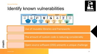 June 30, 2019 17
Secure DevOps
Identify known vulnerabilities
Use of reusable libraries and frameworks
The amount of custo...
