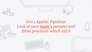 Gen 1 AppSec Pipelines
Look at your team’s purpose and
those processes which aid it
39
 
