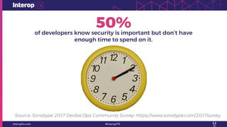 50%of developers know security is important but don’t have
enough time to spend on it.
Source: Sonatype 2017 DevSecOps Community Survey: https://www.sonatype.com/2017survey
 