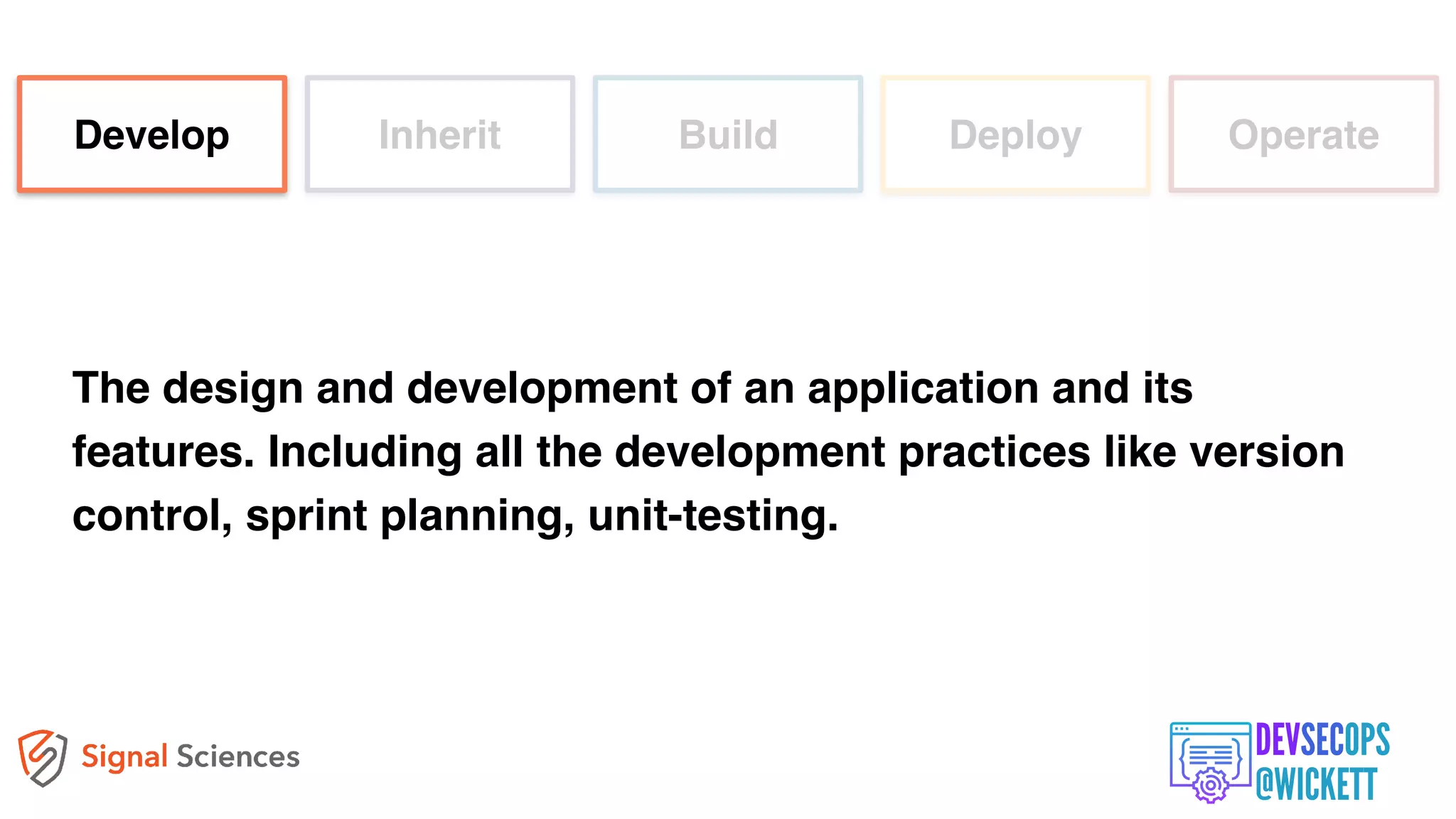 The design and development of an application and its
features. Including all the development practices like version
control, sprint planning, unit-testing.
Develop Inherit Build Deploy Operate
 
