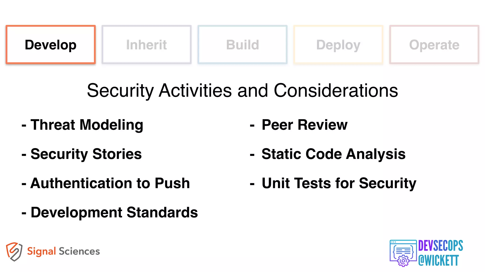 - Threat Modeling
- Security Stories
- Authentication to Push
- Development Standards
Develop Inherit Build Deploy Operate
Security Activities and Considerations
- Peer Review
- Static Code Analysis
- Unit Tests for Security
 