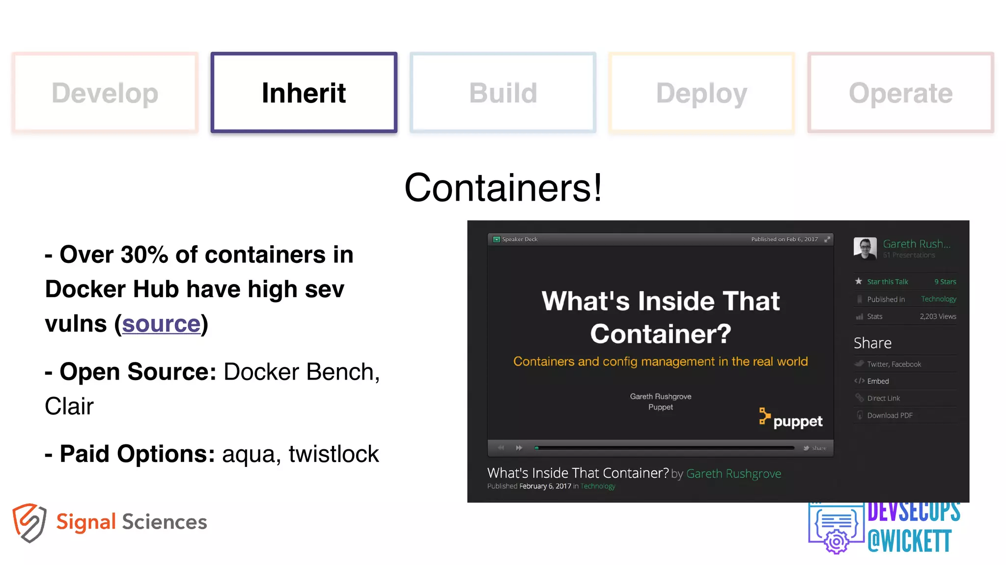 Develop Inherit Build Deploy Operate
- Over 30% of containers in
Docker Hub have high sev
vulns (source)
- Open Source: Docker Bench,
Clair
- Paid Options: aqua, twistlock
Containers!
 