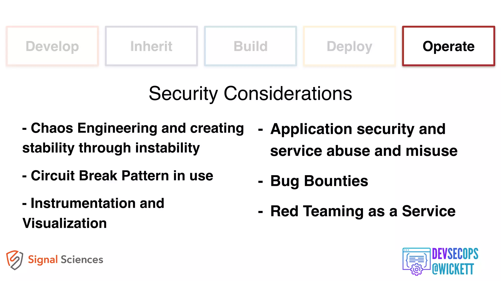 Develop Inherit Build Deploy Operate
- Chaos Engineering and creating
stability through instability
- Circuit Break Pattern in use
- Instrumentation and
Visualization
Security Considerations
- Application security and
service abuse and misuse
- Bug Bounties
- Red Teaming as a Service
 