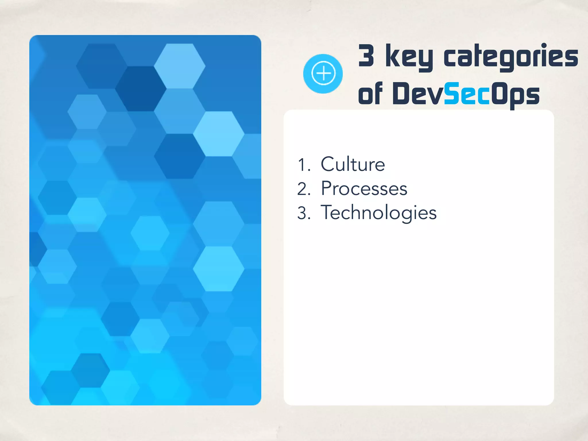3 key categories
of DevSecOps
1. Culture
2. Processes
3. Technologies
 
