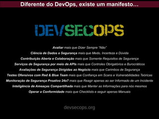 Diferente do DevOps, existe um manifesto…
Avaliar mais que Dizer Sempre “Não”
Ciência de Dados e Segurança mais que Medo, Incerteza e Dúvida
Contribuição Aberta e Colaboração mais que Somente Requisitos de Segurança
Serviços de Segurança por meio de APIs mais que Controles Obrigatórios e Burocráticos
Avaliações de Segurança Dirigidas ao Negócio mais que Carimbos de Segurança
Testes Ofensivos com Red & Blue Team mais que Confiança em Scans e Vulnerabilidades Teóricas
Monitoração de Segurança Proativo 24x7 mais que Reagir apenas ao ser Informado de um Incidente
Inteligência de Ameaças Compartilhada mais que Manter as Informações para nós mesmos
Operar a Conformidade mais que Checklists e seguir apenas Manuais
devsecops.org
 