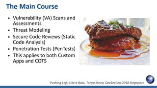 The Main Course
● Vulnerability (VA) Scans and
Assessments
● Threat Modeling
● Secure Code Reviews (Static
Code Analysis)
● Penetration Tests (PenTests)
● This applies to both Custom
Apps and COTS
Pushing Left, Like a Boss, Tanya Janca, DevSecCon 2018 Singapore
 
