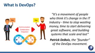 What Is DevOps?
Dev
Integration
Ops
Communication
Collaboration
“It’s a movement of people
who think it’s change in the IT
Industry - time to stop wasting
money, time to start delivering
great software, and building
systems that scale and last”
Patrick DeBois, the "founder"
of the DevOps movement.
Plan
Code
Build
Test
Release
Deploy
Operate
Monitor
 