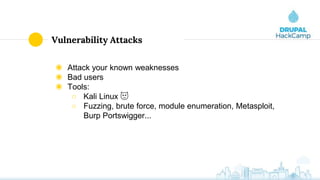 Vulnerability Attacks
◉ Attack your known weaknesses
◉ Bad users
◉ Tools:
○ Kali Linux 😈
○ Fuzzing, brute force, module enumeration, Metasploit,
Burp Portswigger...
 