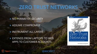 @WICKETT
‣ NO PERIMETER SECURITY
‣ ASSUME COMPROMISE
‣ INSTRUMENT ALL LAYERS
‣ EXTENDS FROM LAPTOPS TO WEB
APPS TO CUSTOMER ACCOUNTS
ZERO TRUST NETWORKS
 