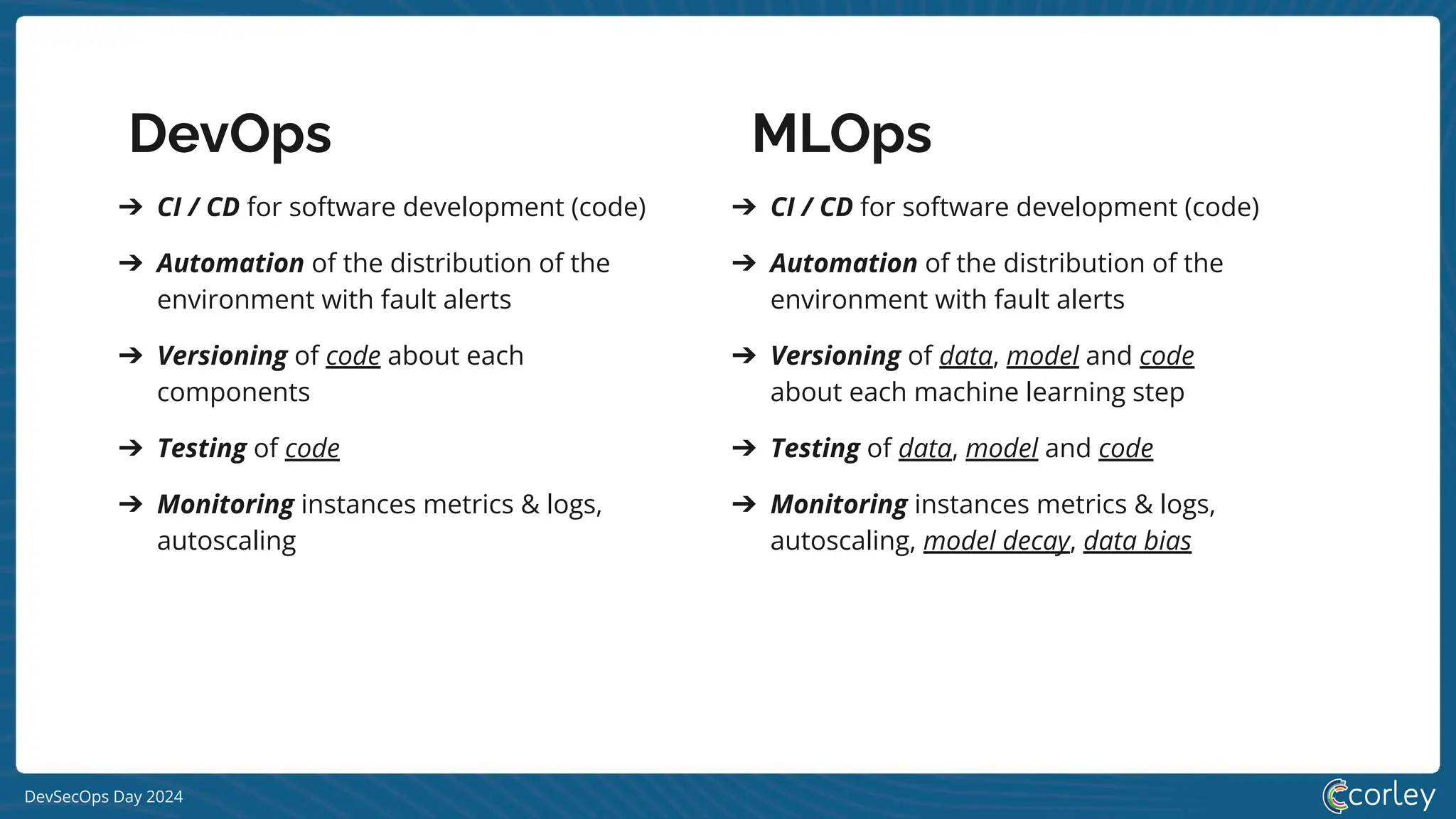 DevSecOps Day 2024
➔ CI / CD for software development (code)
➔ Automation of the distribution of the
environment with fault alerts
➔ Versioning of code about each
components
➔ Testing of code
➔ Monitoring instances metrics & logs,
autoscaling
➔ CI / CD for software development (code)
➔ Automation of the distribution of the
environment with fault alerts
➔ Versioning of data, model and code
about each machine learning step
➔ Testing of data, model and code
➔ Monitoring instances metrics & logs,
autoscaling, model decay, data bias
DevOps MLOps
 
