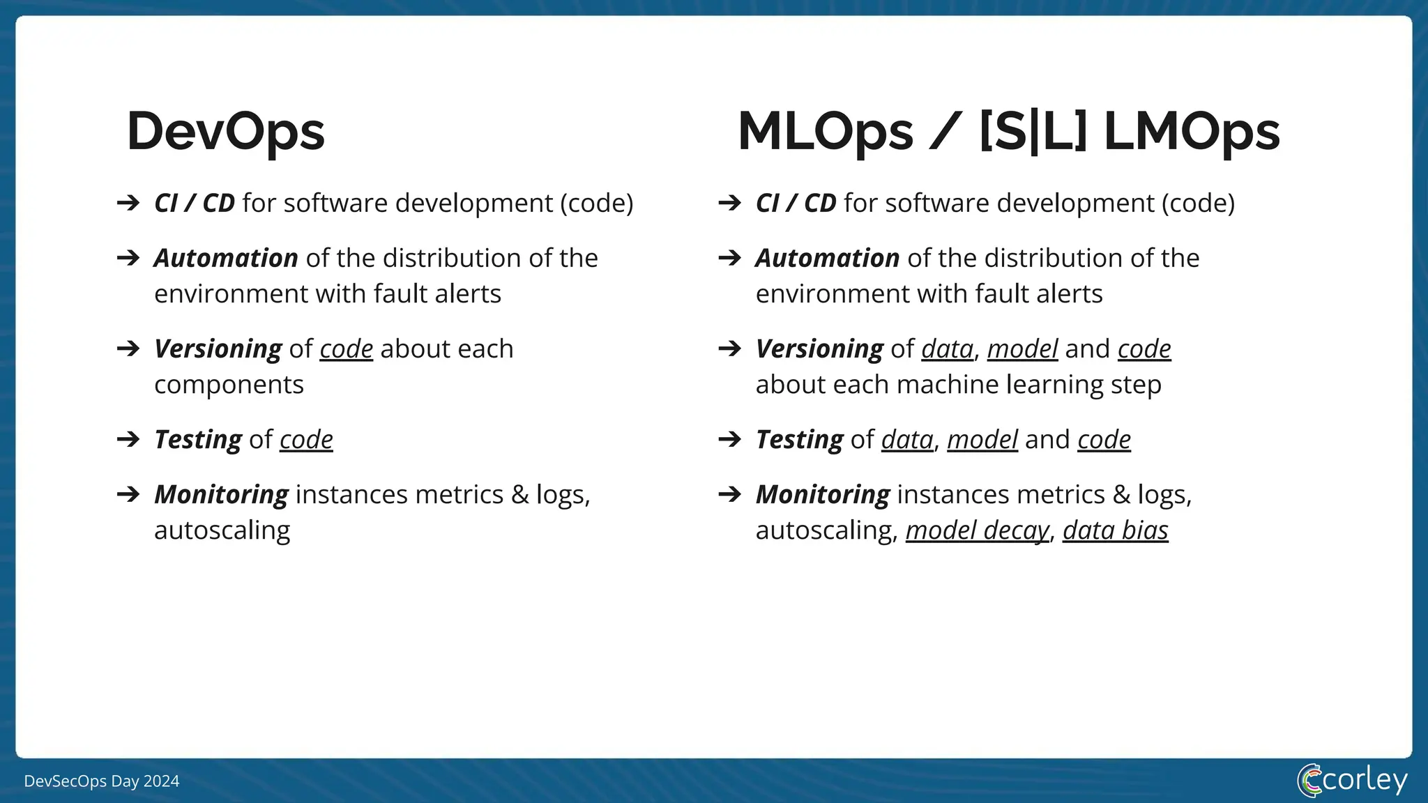 DevSecOps Day 2024
➔ CI / CD for software development (code)
➔ Automation of the distribution of the
environment with fault alerts
➔ Versioning of code about each
components
➔ Testing of code
➔ Monitoring instances metrics & logs,
autoscaling
➔ CI / CD for software development (code)
➔ Automation of the distribution of the
environment with fault alerts
➔ Versioning of data, model and code
about each machine learning step
➔ Testing of data, model and code
➔ Monitoring instances metrics & logs,
autoscaling, model decay, data bias
DevOps MLOps / [S|L] LMOps
 