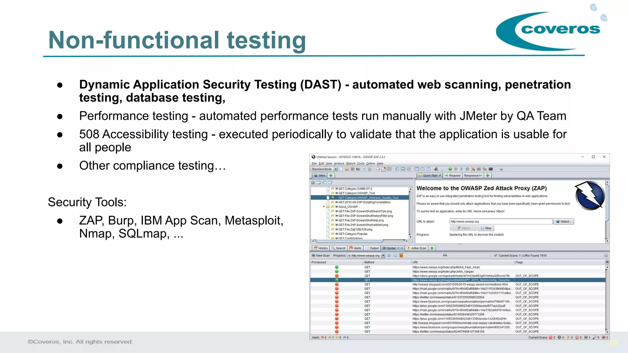 20
Non-functional testing
● Dynamic Application Security Testing (DAST) - automated web scanning, penetration
testing, database testing,
● Performance testing - automated performance tests run manually with JMeter by QA Team
● 508 Accessibility testing - executed periodically to validate that the application is usable for
all people
● Other compliance testing…
Security Tools:
● ZAP, Burp, IBM App Scan, Metasploit,
Nmap, SQLmap, ...
 