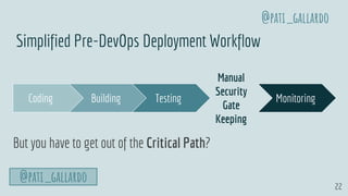 Coding Building Testing
Manual
Security
Gate
Keeping
Monitoring
22
Simplified Pre-DevOps Deployment Workflow
@pati_gallardo
@pati_gallardo
But you have to get out of the Critical Path?
 