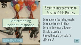 Separate priority in bug-tracker
Separate channel in Slack
Security Engineer side-duty
Simple procedure
How will people get paid in
off-hours?
Bootstrapping
Incident Response
Security Improvements to
Existing Crisis Process
54@pati_gallardo
 