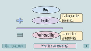 @pati_gallardo
Bug
Vulnerability
Exploit
If a bug can be
exploited...
...then it is a
vulnerability
@pati_gallardo 9What i...