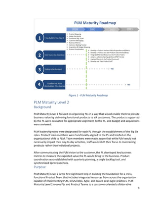 9
Figure 1 - PLM Maturity Roadmap
PLM Maturity Level 2
Background
PLM Maturity Level 1 focused on organizing PLs in a way that would enable them to provide
business value by delivering functional products to VA customers. The products supported
by the PL were evaluated for appropriate alignment to the PL, and budget and acquisitions
were reviewed.
PLM leadership roles were designated for each PL through the establishment of the Big Six
roles. Product team members were functionally aligned to the PL and briefed on the
organizational shift to PLM. Team members were made aware that while PLM would not
necessarily impact their day-to-day activities, staff would shift their focus to maintaining
products rather than individual projects.
After communicating the PLM vision to the customer, the PL developed key business
metrics to measure the expected value the PL would bring to the business. Product
coordination was established with quarterly planning, a single backlog tool, and
synchronized Sprint cadences.
Purpose
PLM Maturity Level 2 is the first significant step in building the foundation for a cross-
functional Product Team that includes integrated resources from across the organization
capable of implementing PLM, DevSecOps, Agile, and Scaled Lean Agile practices. PLM
Maturity Level 2 moves PLs and Product Teams to a customer-oriented collaborative
 