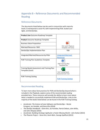 21
Appendix B – Reference Documents and Recommended
Reading
Reference Documents
The documents listed below may be used in conjunction with maturity
levels 2 and beyond to assist PLs with implementing PLM, Scaled Lean
Agile, and DevSecOps.
Product Line Outcome Roadmap Template
PLM Level 2 Playbook
Templates and Examp
Product Outcome Roadmap Template
Business Value Proposition
Matrixed Resources RACI
DevSecOps Implementation Plan TBD
Integrated Matrixed Resources by Pillar Integrated Matrixed
Resources
PLM Training Plan Guidelines Template
PLM Training Plan
Template.doc
Training Needs Assessment and Training Plan
Template (Excel)
PLM Training Needs
Assessment and Train
PLM Training Catalog
PLM Training Catalog
Recommended Reading
To learn more about best practices for PLM and DevSecOps beyond what is
included in the Playbook, explore some of the recommended reading
provided here. These resources will provide the ability to learn more about
what is needed to successfully implement PLM and DevSecOps. Links to the
majority of the books listed below can be found in the PLM Training Catalog.
o Accelerate: The Science of Lean Software and DevSecOps – Nicole
Forsgren, Jez Humble, and Gene Kim (2018)
o The DevOps Handbook – Gene Kim, Jez Humble, Patrick Debois, John Willis,
and John Allspaw (2016)
o Accelerate: Building Strategic Agility for a Faster-Moving World – John Kotter (2014)
o The Phoenix Project – Gene Kim, Kevin Behr, George Spafford (2013)
 